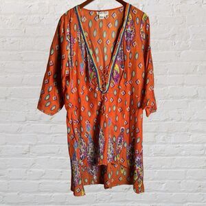 Vintage Paisley Tunic Dress Boho  Embellished Lace Up Asymmetrical Whimsical 1X